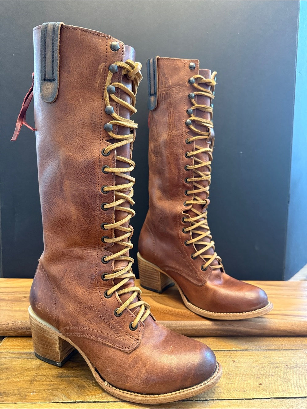 FreeBird Women's Brown Leather Lace-Up Mid-Calf Boots